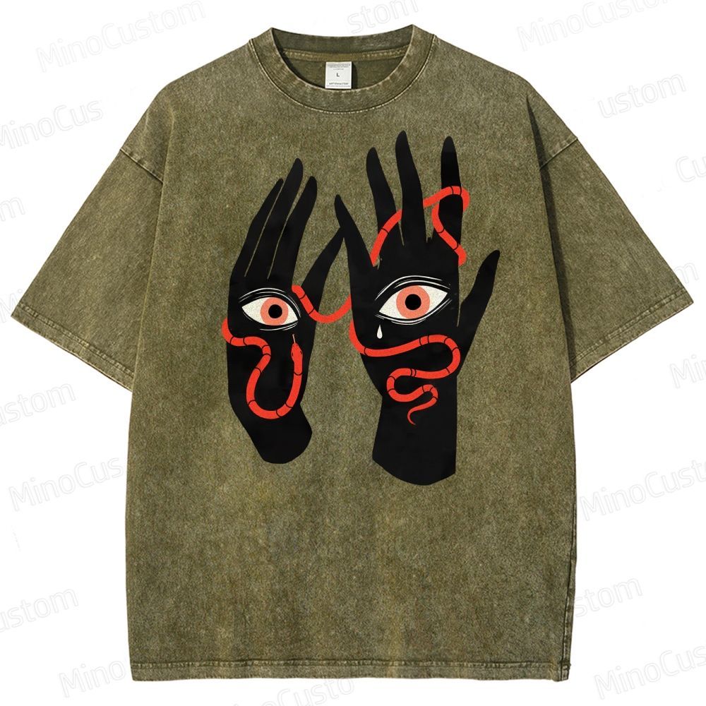Artistic Hand & Eye SnakeGraphic Washed T-Shirt 