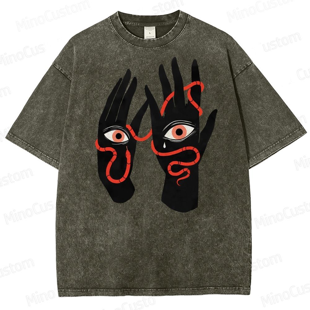 Artistic Hand & Eye SnakeGraphic Washed T-Shirt 