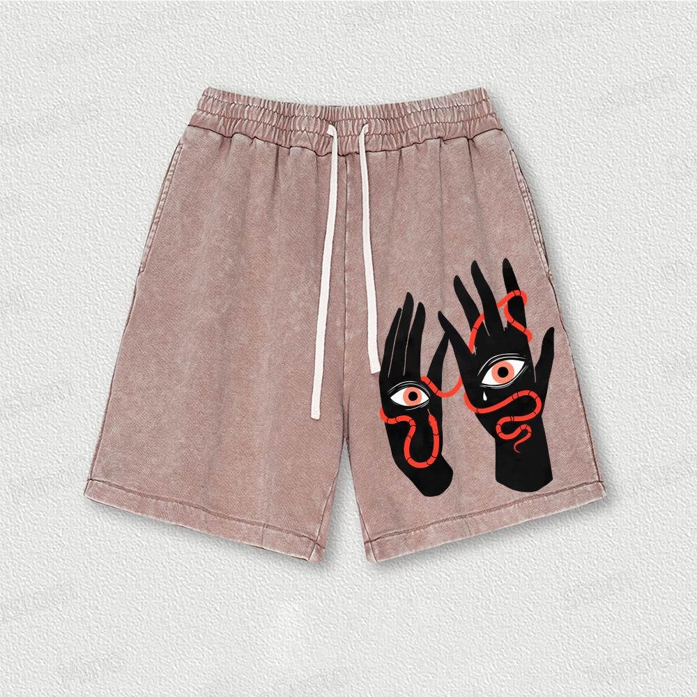  Artistic Hand & Eye SnakeGraphic Washed Vintage Shorts 