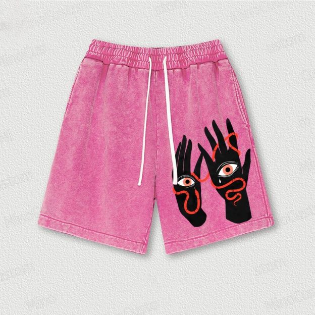  Artistic Hand & Eye SnakeGraphic Washed Vintage Shorts 
