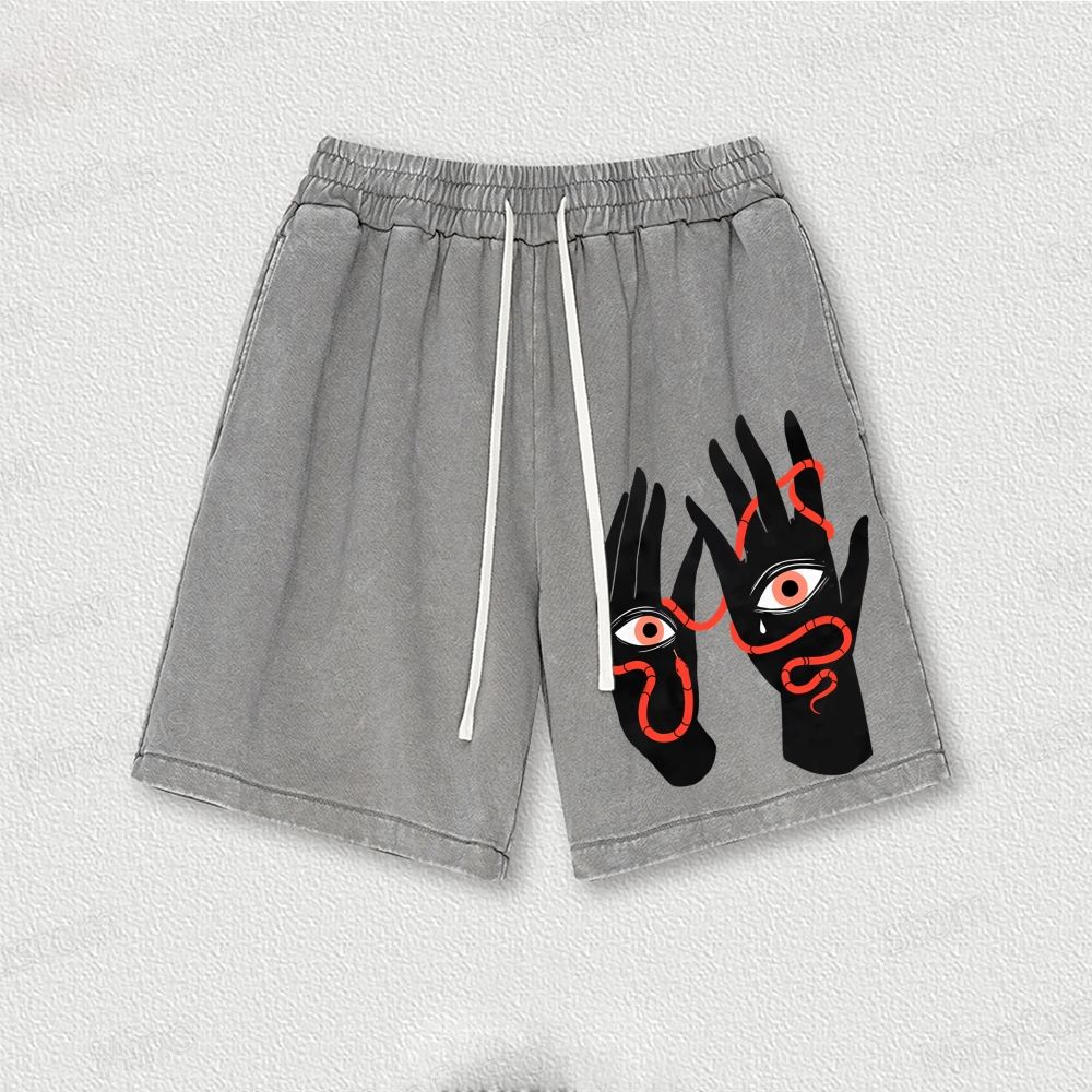  Artistic Hand & Eye SnakeGraphic Washed Vintage Shorts 