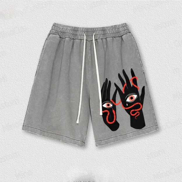  Artistic Hand & Eye SnakeGraphic Washed Vintage Shorts 