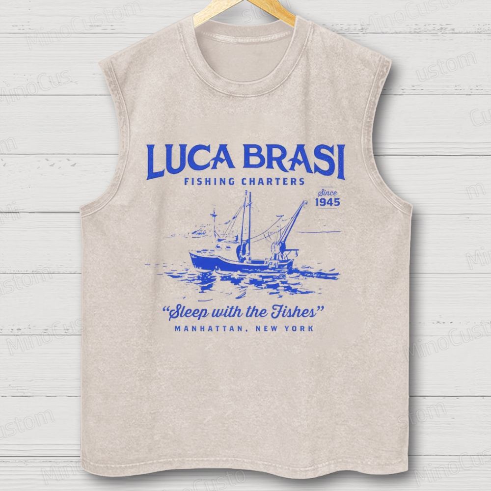 “Luca Brasi Fishing Charters” Retro Nautical Graphic Washed  Tank Top