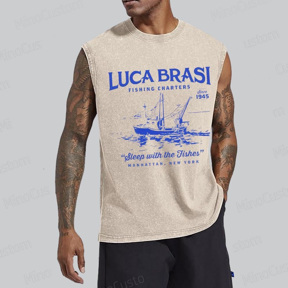 “Luca Brasi Fishing Charters” Retro Nautical Graphic Washed  Tank Top
