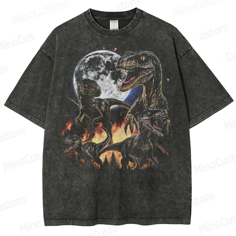 Velociraptor Dinosaur Vintage 90s Style Graphic  Washed T-Shirt 