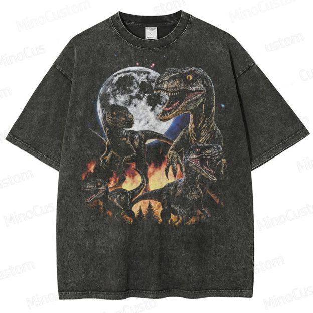 Velociraptor Dinosaur Vintage 90s Style Graphic  Washed T-Shirt 