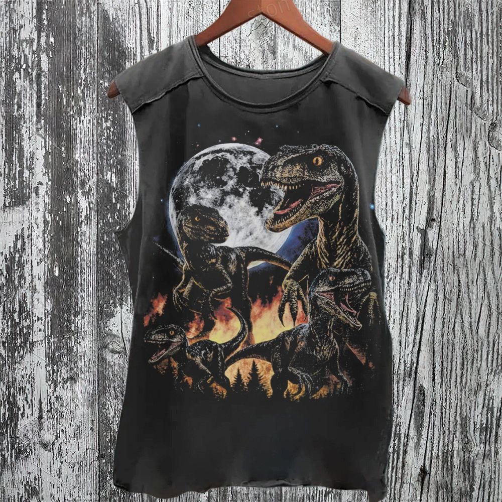 Velociraptor Dinosaur Vintage 90s Style Graphic  Washed Vest 