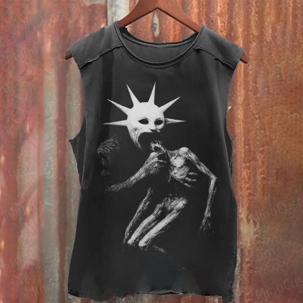 “Sun-Eater Mask” Gothic Horror Surreal Graphic Washed Tank Top