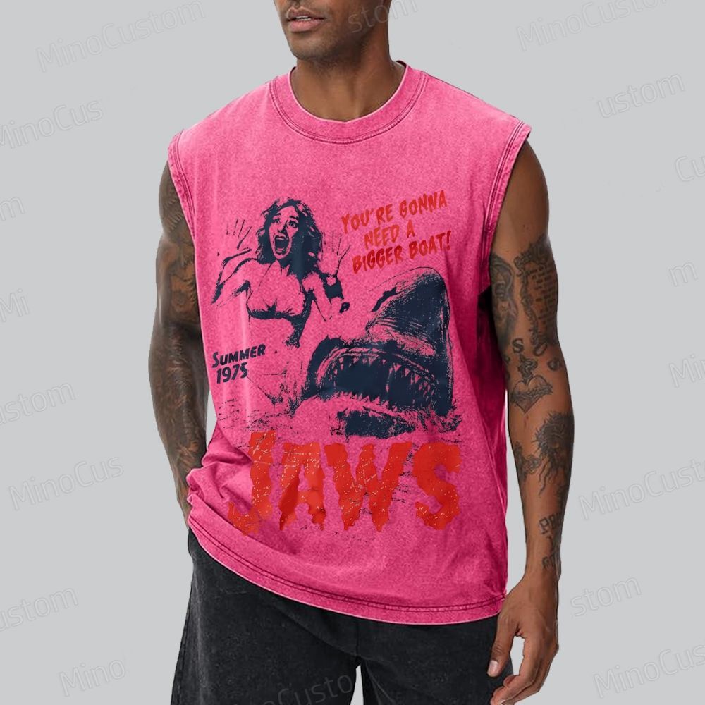 Unisex  Retro Jaws Movie  Washed Tank Top 