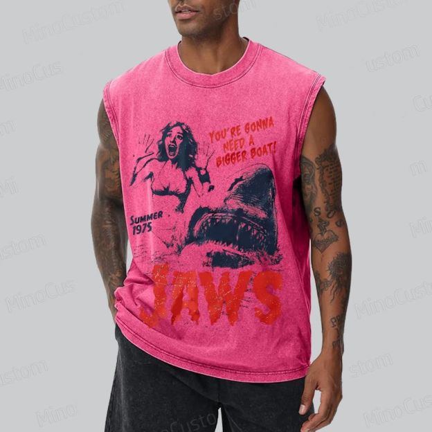 Unisex  Retro Jaws Movie  Washed Tank Top 