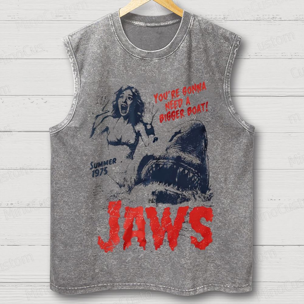 Unisex  Retro Jaws Movie  Washed Tank Top 