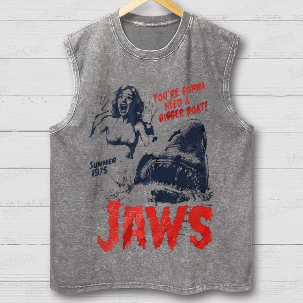 Unisex  Retro Jaws Movie  Washed Tank Top 
