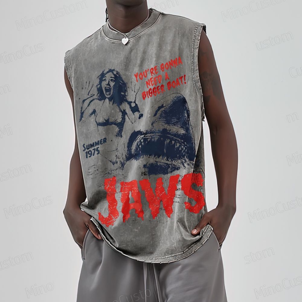 Unisex  Retro Jaws Movie  Washed Tank Top 