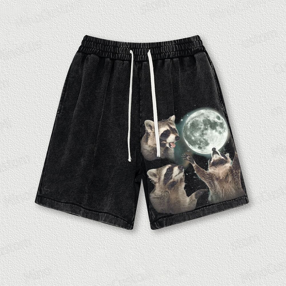 Racoons Howling At The Moon Washed Vintage Shorts