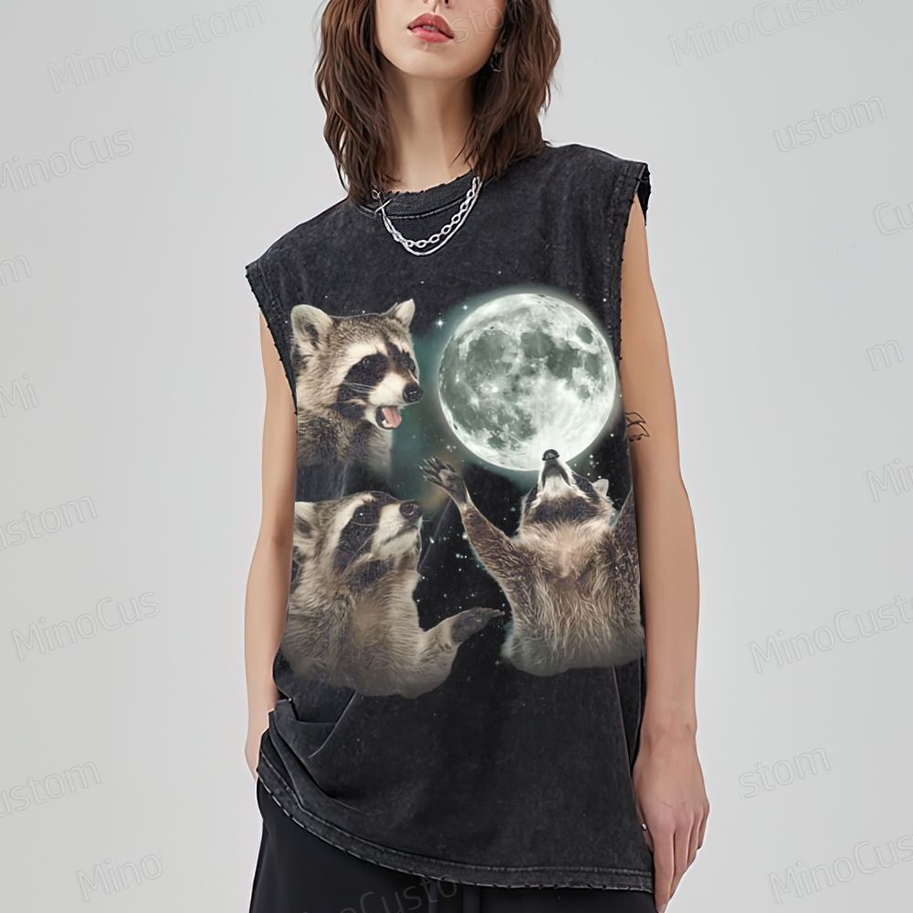 Unisex Racoons Howling At The Moon  Washed Tank Top 
