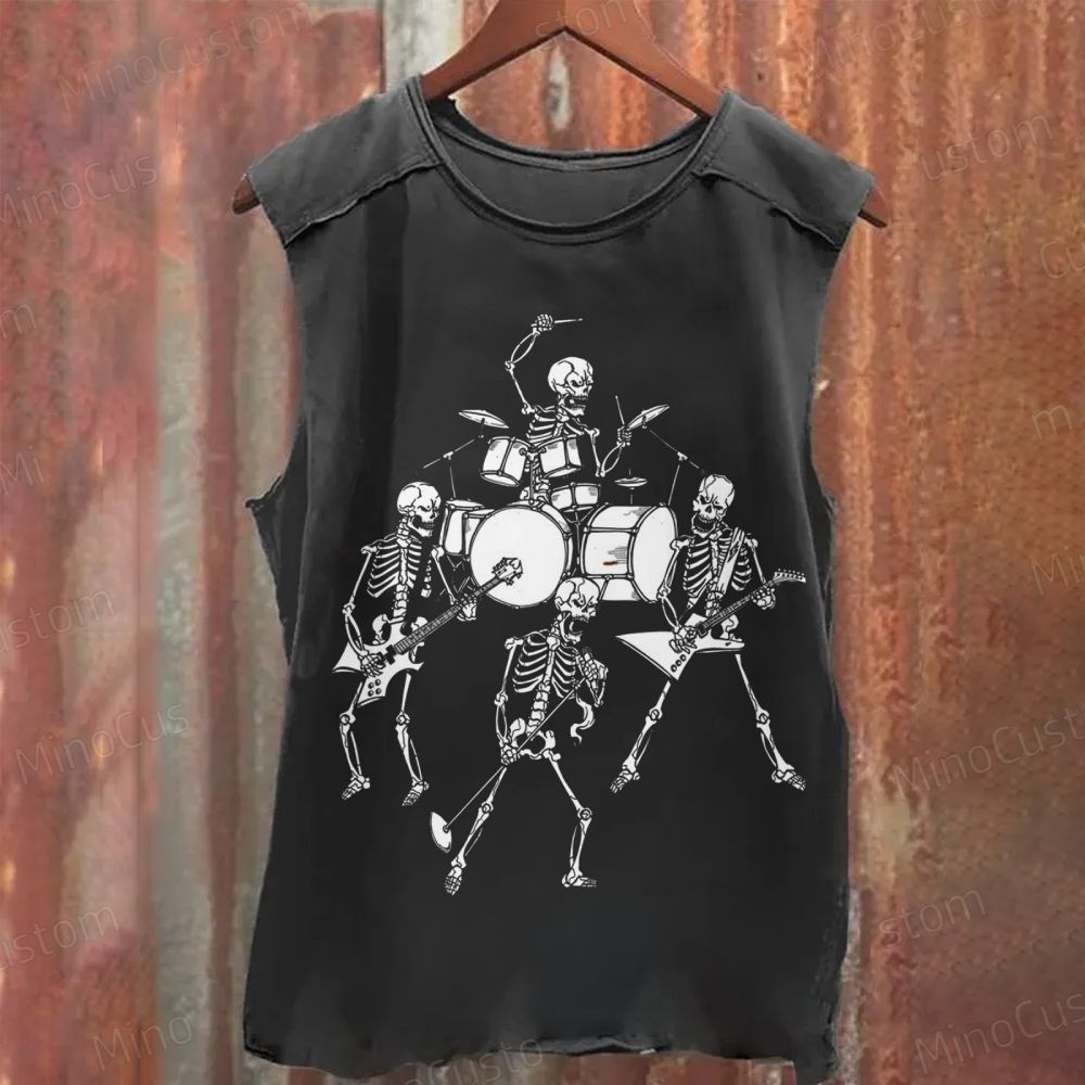 Skeleton Rock Band Graphic Washed Tank Top