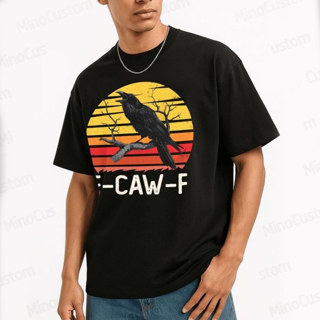 "F - CAW - F" Raven Retro Sunset Graphic T - Shirt