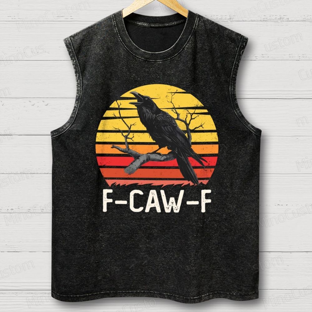 "F - CAW - F" Raven Retro Sunset Graphic Washed Muscle Tank Top