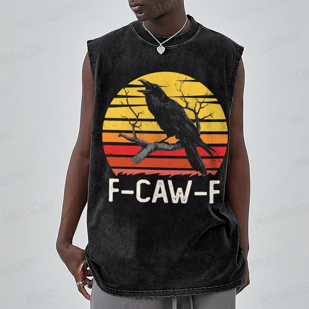 "F - CAW - F" Raven Retro Sunset Graphic Washed Muscle Tank Top