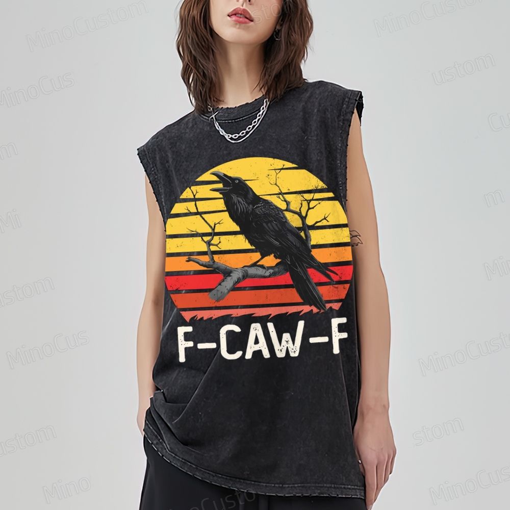 "F - CAW - F" Raven Retro Sunset Graphic Washed Muscle Tank Top