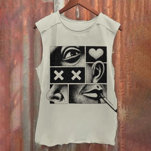 Pop - Art Body Parts Graphic Washed Muscle Tank Top