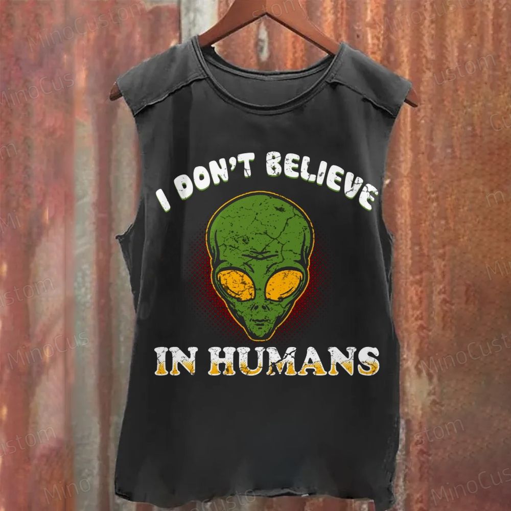 Alien Graphic “I Don’t Believe In Humans” Washed Tank Top