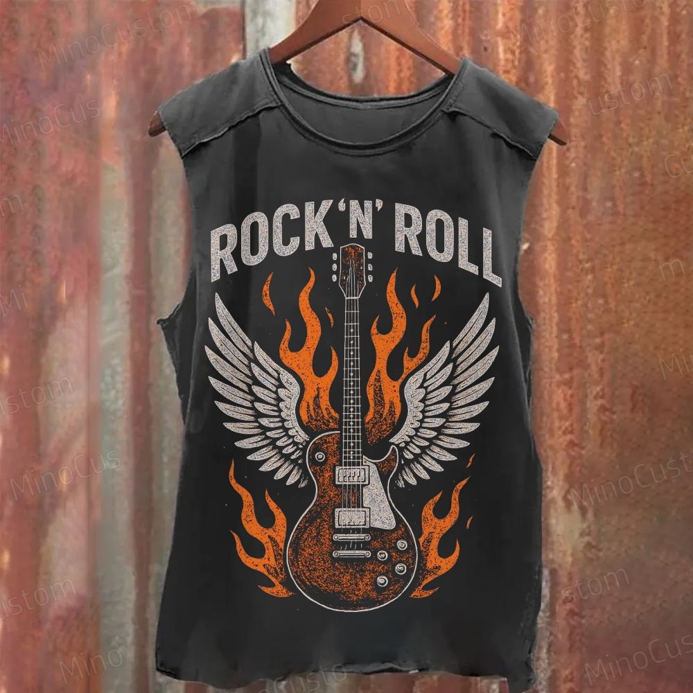 Rock 'n' Roll Guitar Flame Wing Graphic Washed Tank Top