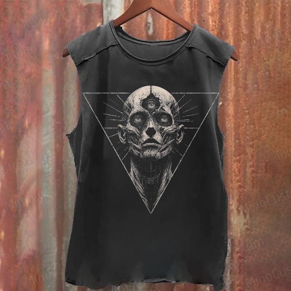Geometric Skull Inverted Triangle Washed Tank Top 