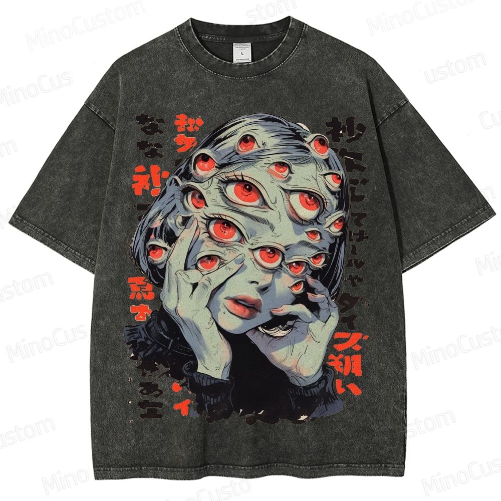 Anime - Style Multi - Eye Graphic Washed T - Shirt