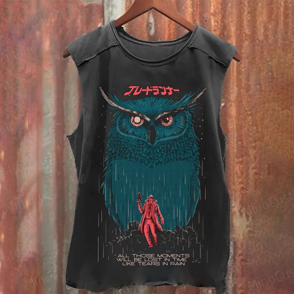 Vintage Distressed Blade Runner Owl & Quote Graphic Washed Tank Top
