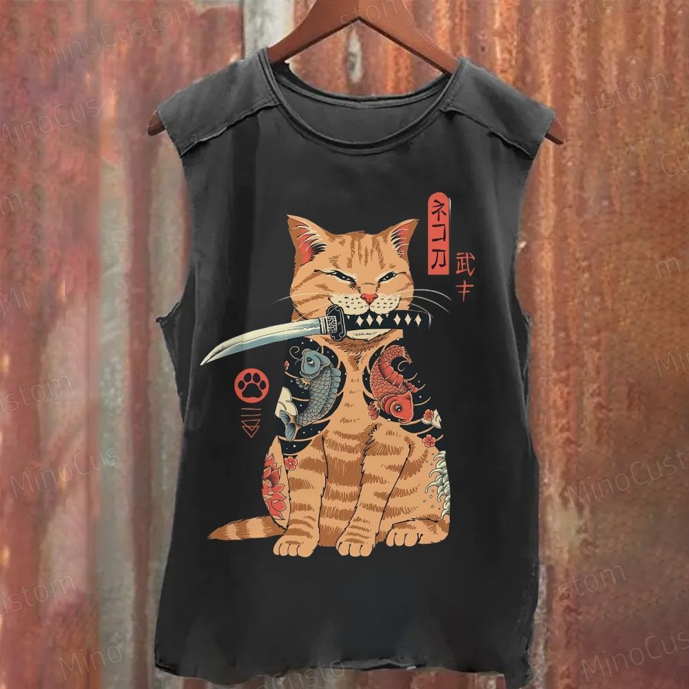 Tattooed Warrior Cat Washed Tank Top