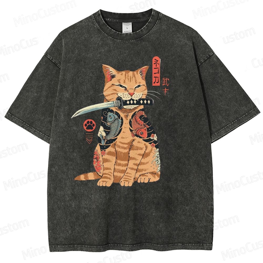 Tattooed Warrior Cat Washed T-Shirt 