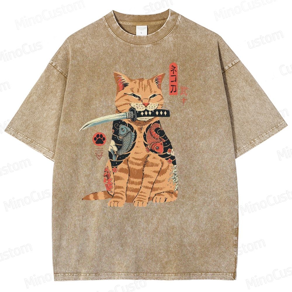 Tattooed Warrior Cat Washed T-Shirt