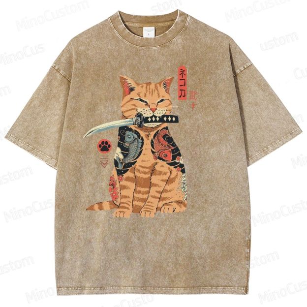 Tattooed Warrior Cat Washed T-Shirt 