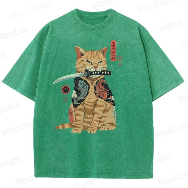 Tattooed Warrior Cat Washed T-Shirt 