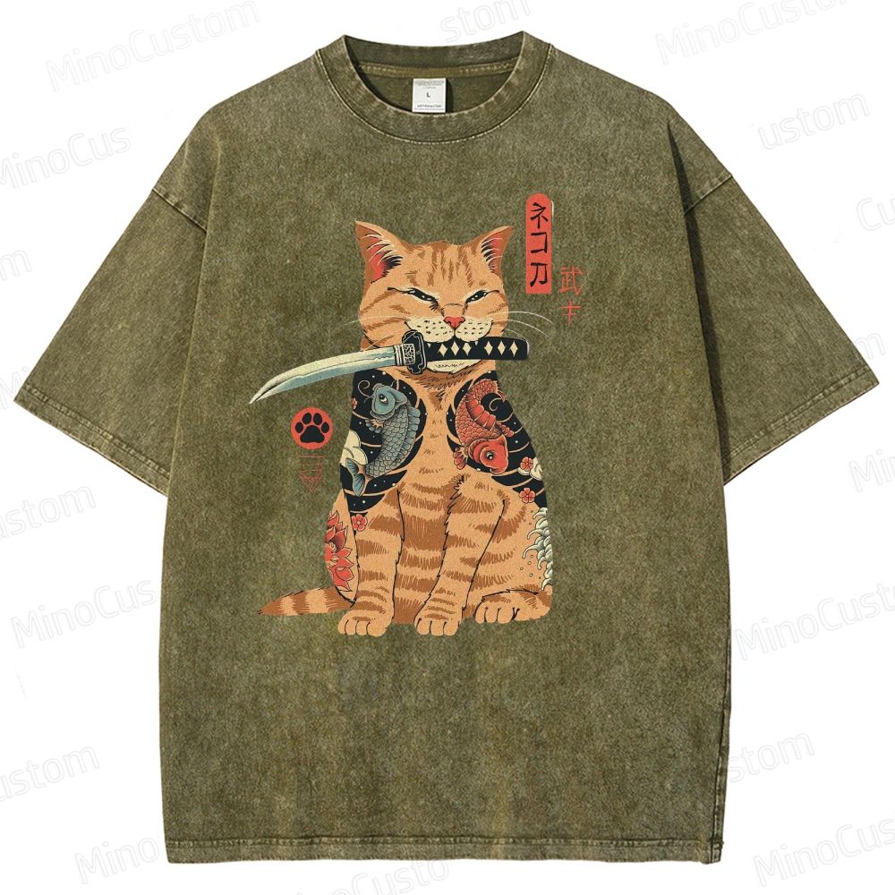 Tattooed Warrior Cat Washed T-Shirt 
