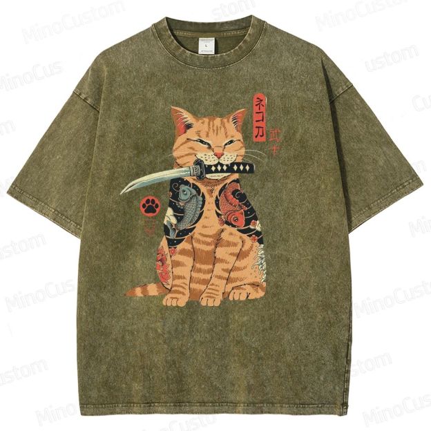 Tattooed Warrior Cat Washed T-Shirt 