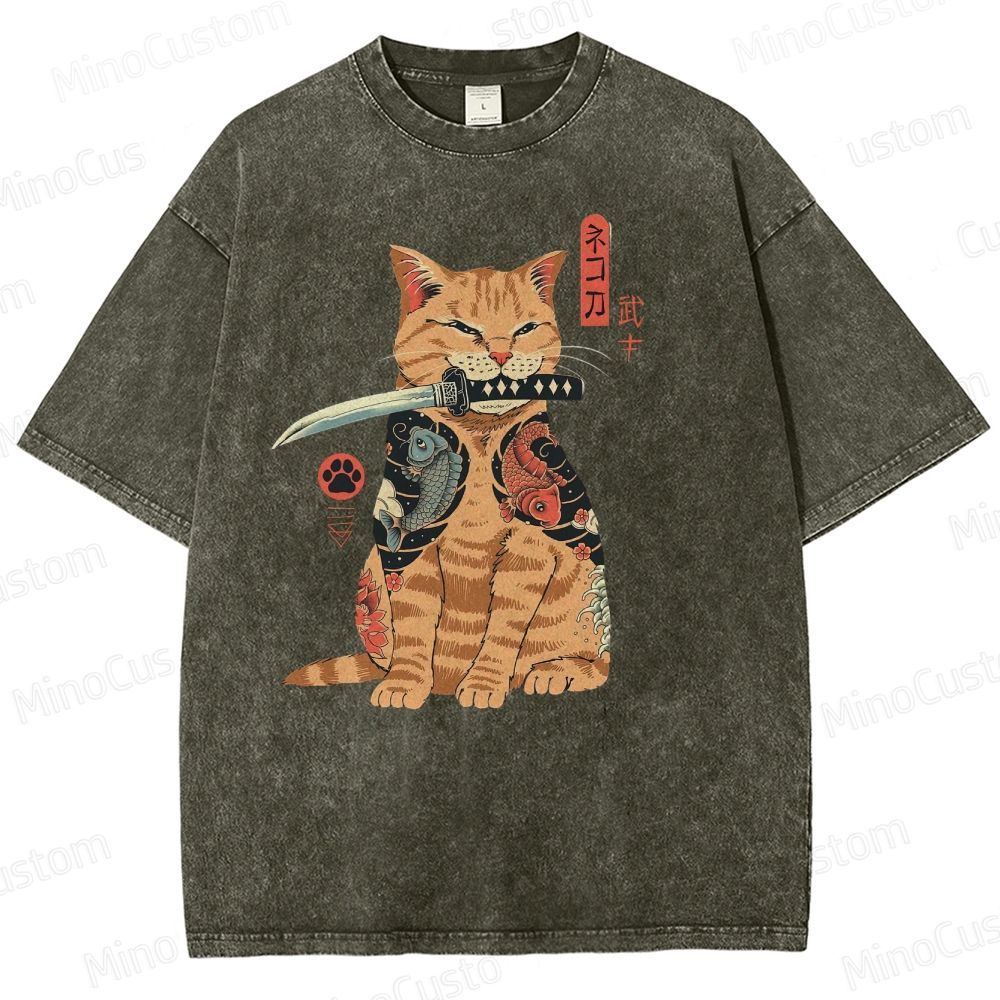 Tattooed Warrior Cat Washed T-Shirt 