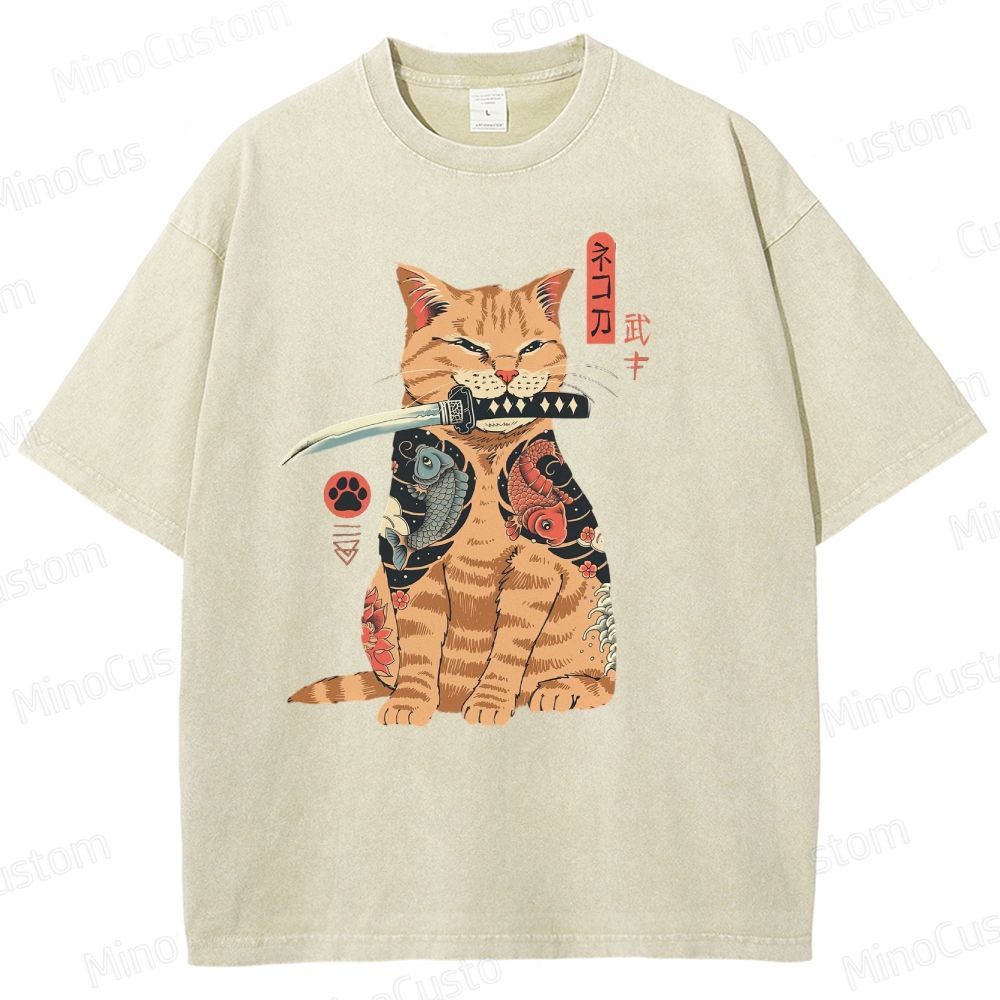 Tattooed Warrior Cat Washed T-Shirt 