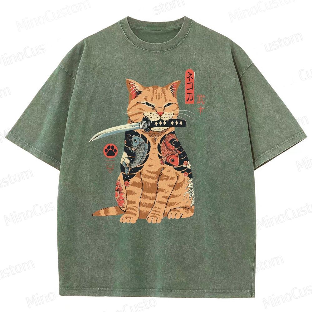 Tattooed Warrior Cat Washed T-Shirt 