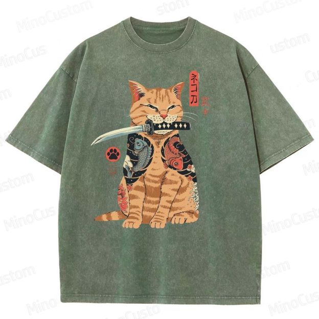 Tattooed Warrior Cat Washed T-Shirt 