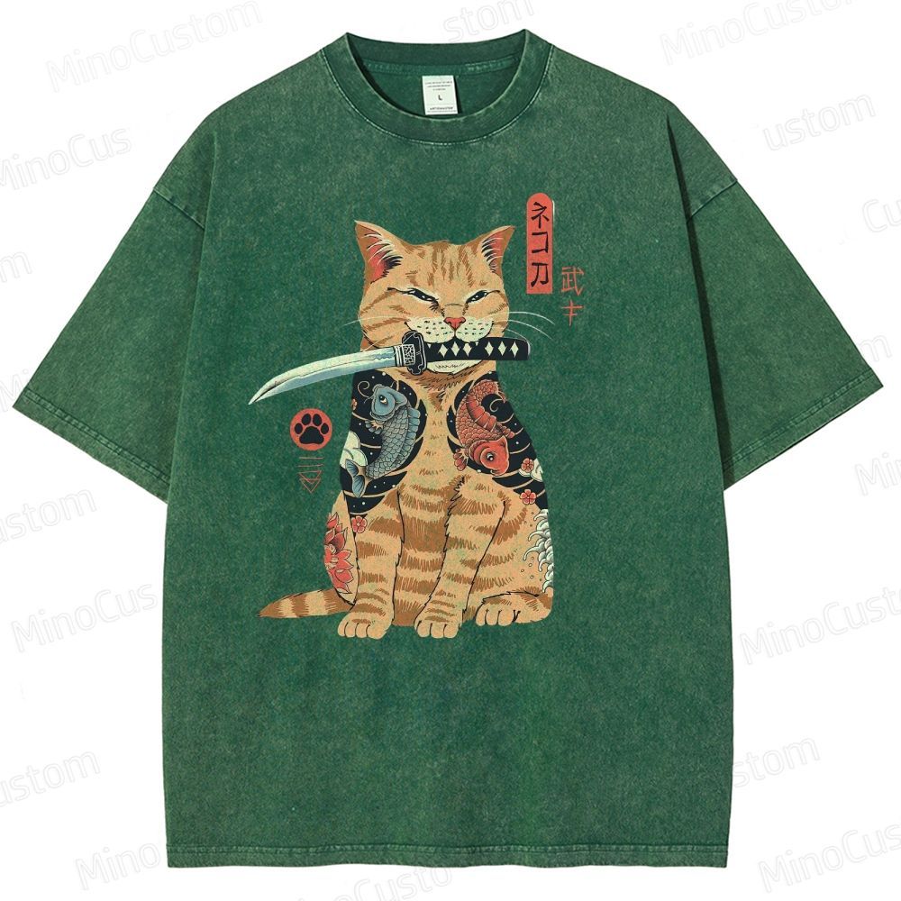 Tattooed Warrior Cat Washed T-Shirt 