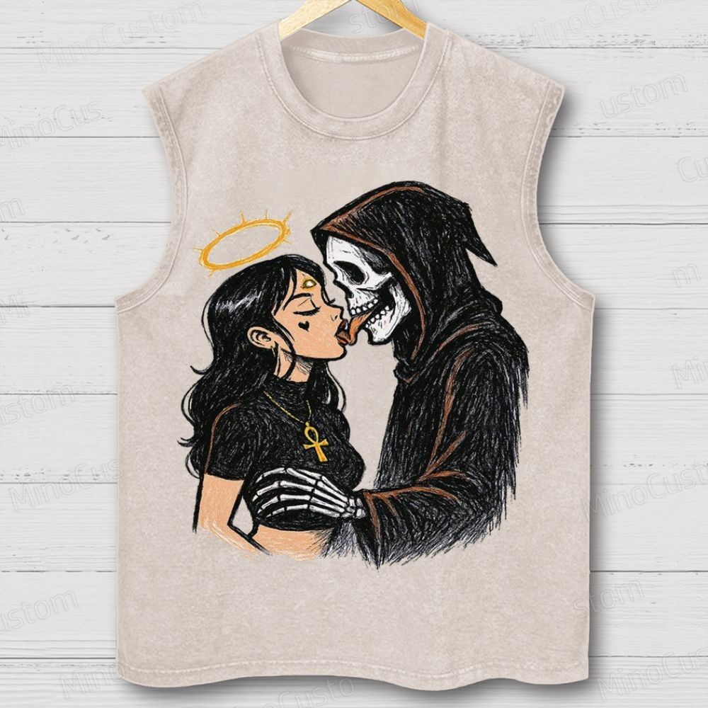Gothic Angel & Grim Reaper Graphic Washed Tank Top
