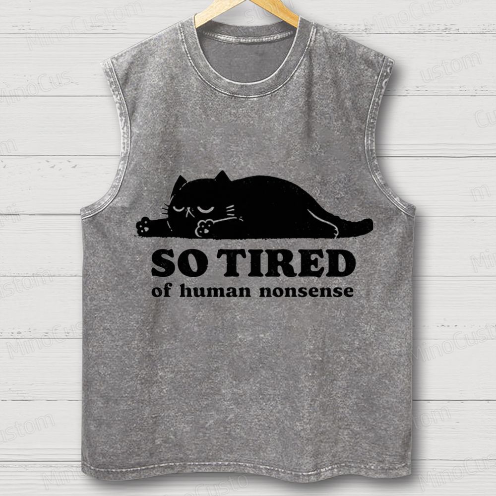 “So Tired of Nonsense” Cat Graphic Washed Tank Top