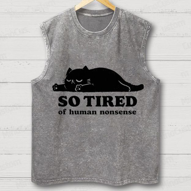 “So Tired of Nonsense” Cat Graphic Washed Tank Top