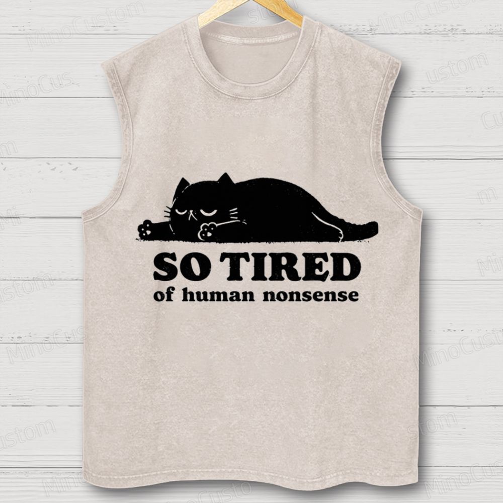 “So Tired of Nonsense” Cat Graphic Washed Tank Top