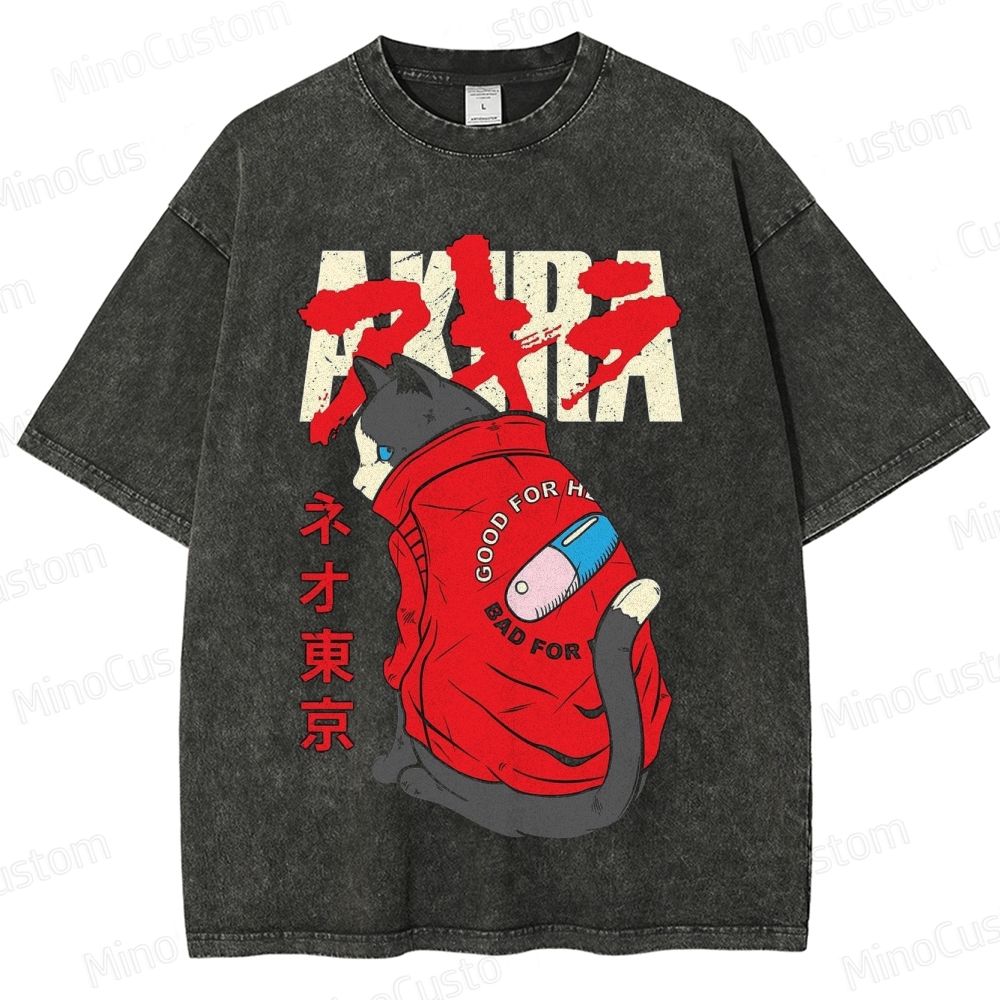 Akira Anime Cat Graphic Washed T - Shirt