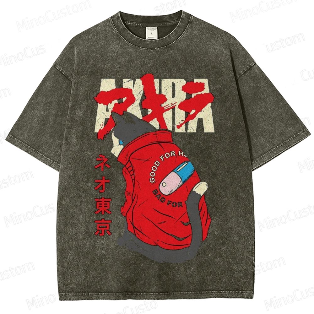 Akira Anime Cat Graphic Washed T - Shirt