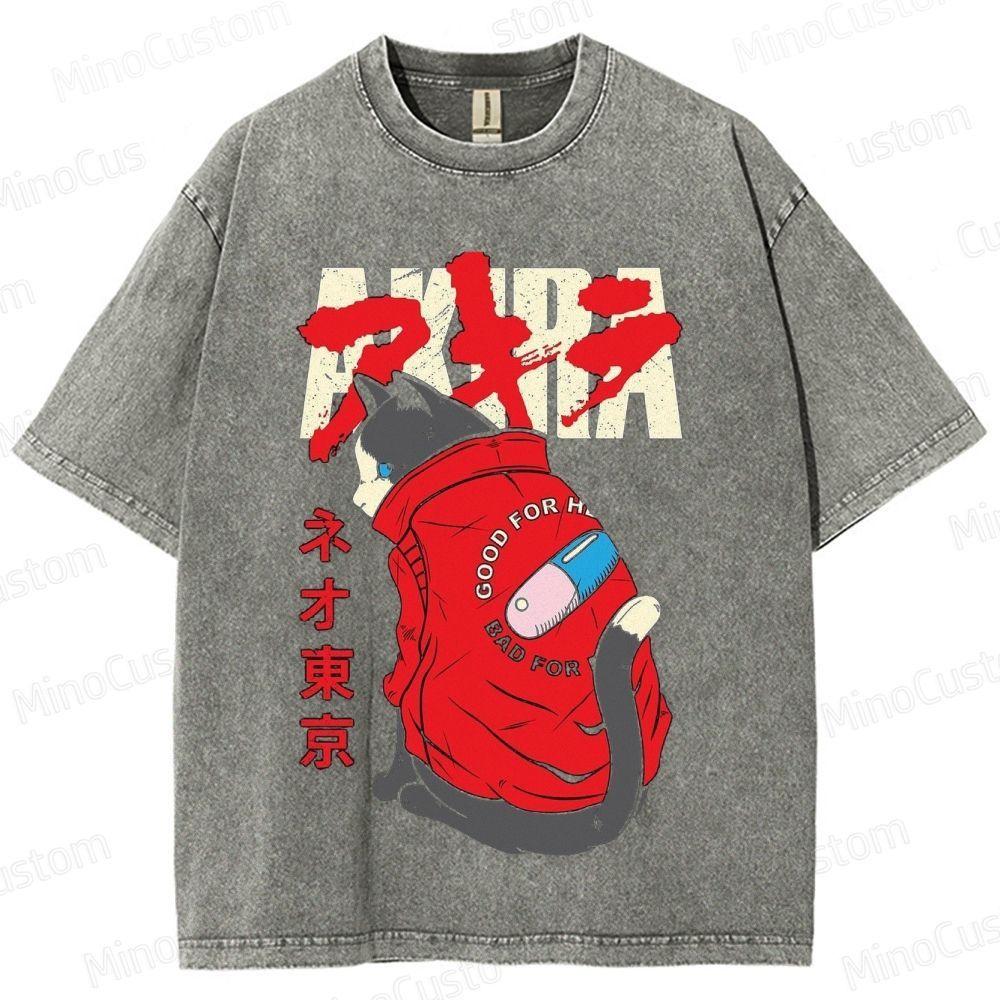 Akira Anime Cat Graphic Washed T - Shirt