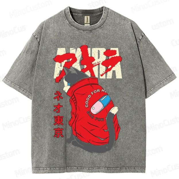 Akira Anime Cat Graphic Washed T - Shirt